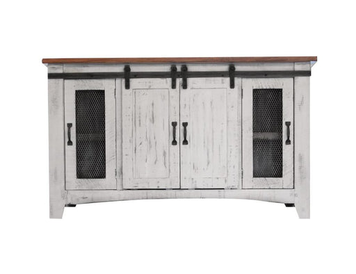 White Pueblo 60-inch TV stand with four doors and shelves by International Furniture Direct, showcasing a stylish storage solution.