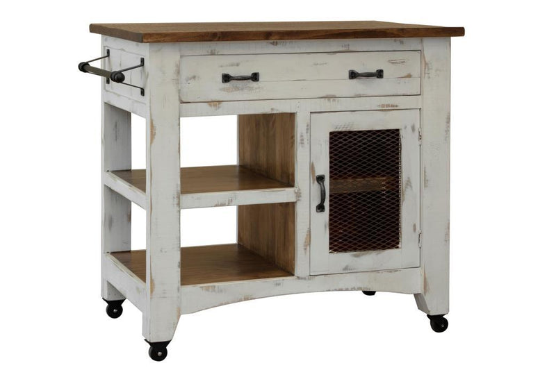 White kitchen island with one drawer and one mesh door, featuring a modern design from International Furniture Direct.