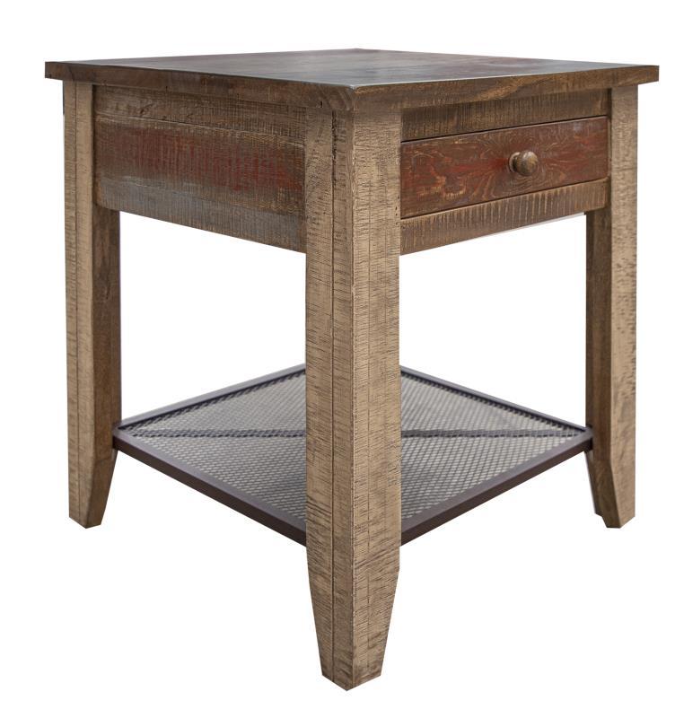Antique multicolor end table with one drawer, crafted by International Furniture Direct, featuring a vintage-style wooden surface.