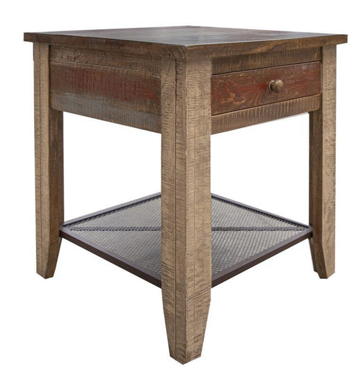 Antique multicolor end table with one drawer, crafted by International Furniture Direct, featuring a vintage-style wooden surface.