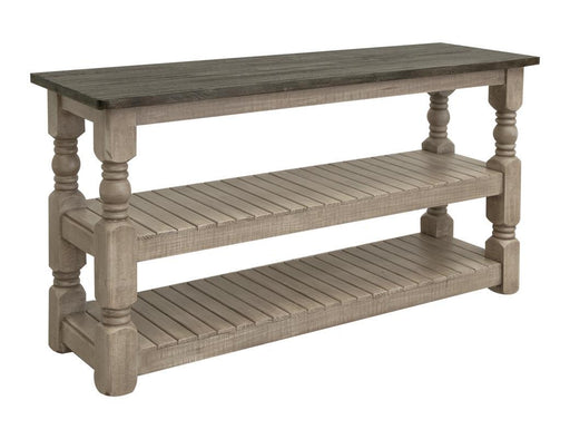 Natural stone sofa table by International Furniture Direct with rustic wood finish and sturdy rectangular design.