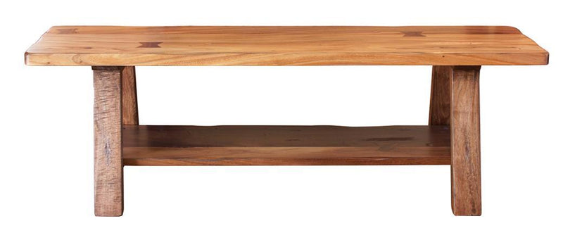 Solid wood Parota bench with shelf by International Furniture Direct, showcasing natural wood grain and sturdy design.