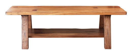 Solid wood Parota bench with shelf by International Furniture Direct, showcasing natural wood grain and sturdy design.