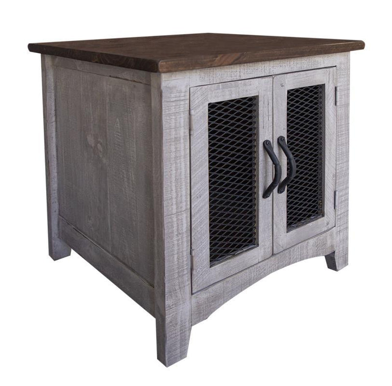 Gray Pueblo end table with two doors by International Furniture Direct, showcasing a stylish and functional living room accent piece.