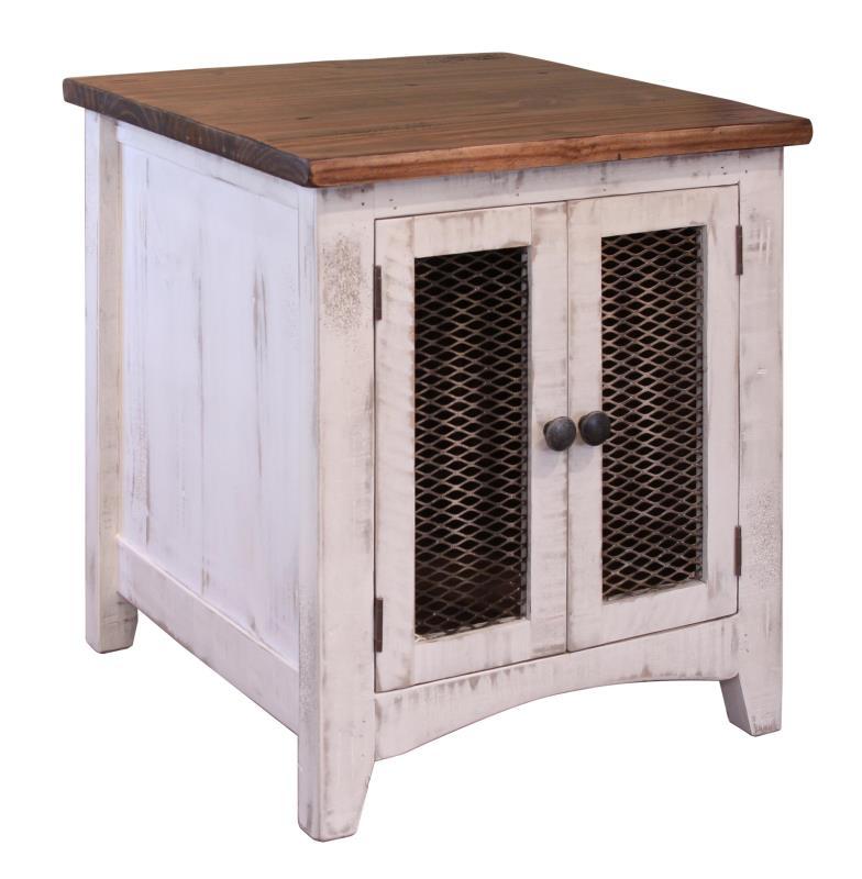 Pueblo White 2 Mesh Doors end table by International Furniture Direct, featuring a white finish and stylish mesh door panels.