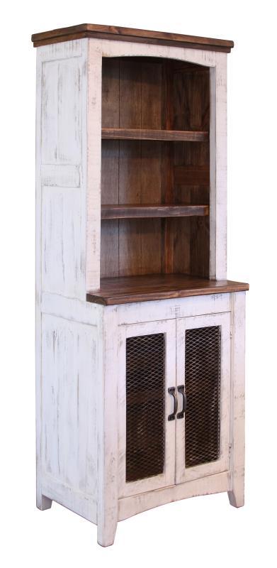 International Furniture Direct Pueblo White 3 Shelves and 2 Door Pier Shelf showcasing a stylish white wooden storage unit with shelves and doors.