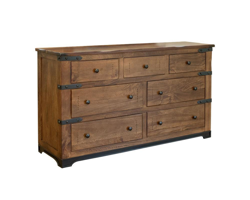 International Furniture Direct Parota 7-drawer dresser with wooden finish and sleek metal handles, showcasing its spacious storage drawers.