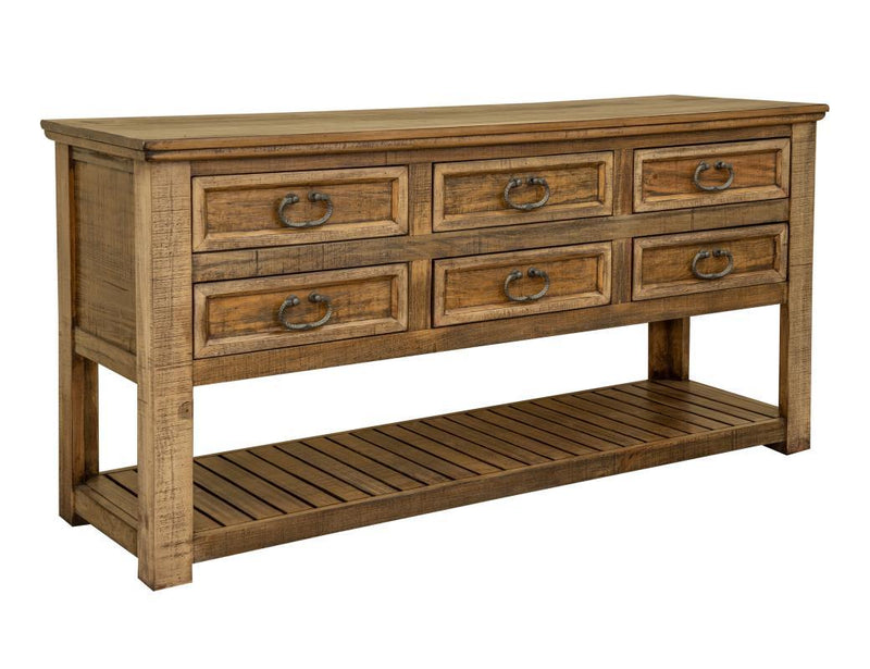 Montana 6 Drawer Sofa Table by International Furniture Direct, showcasing a wooden sofa table with six drawers and a rustic finish.