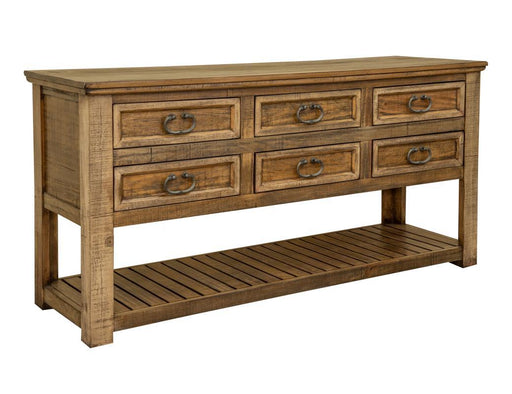 Montana 6 Drawer Sofa Table by International Furniture Direct, showcasing a wooden sofa table with six drawers and a rustic finish.