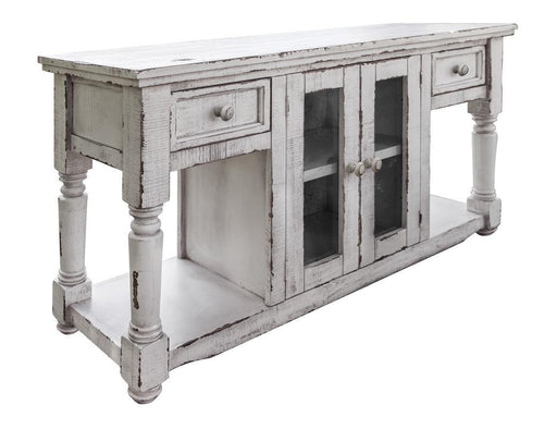 International Furniture Direct Aruba sofa table with 2 drawers, 2 doors, white finish, modern design, and smooth surface.