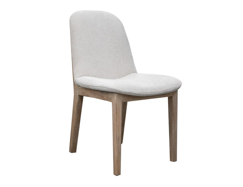 Beige upholstered accent chair with wooden base by International Furniture Direct, featuring soft fabric and stylish design.