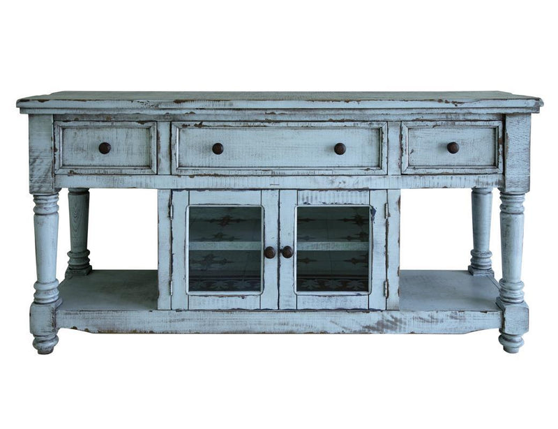 Sky blue Aruba 70-inch TV stand with three drawers and two doors by International Furniture Direct, modern storage solution.