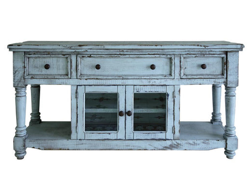 Sky blue Aruba 70-inch TV stand with three drawers and two doors by International Furniture Direct, modern storage solution.