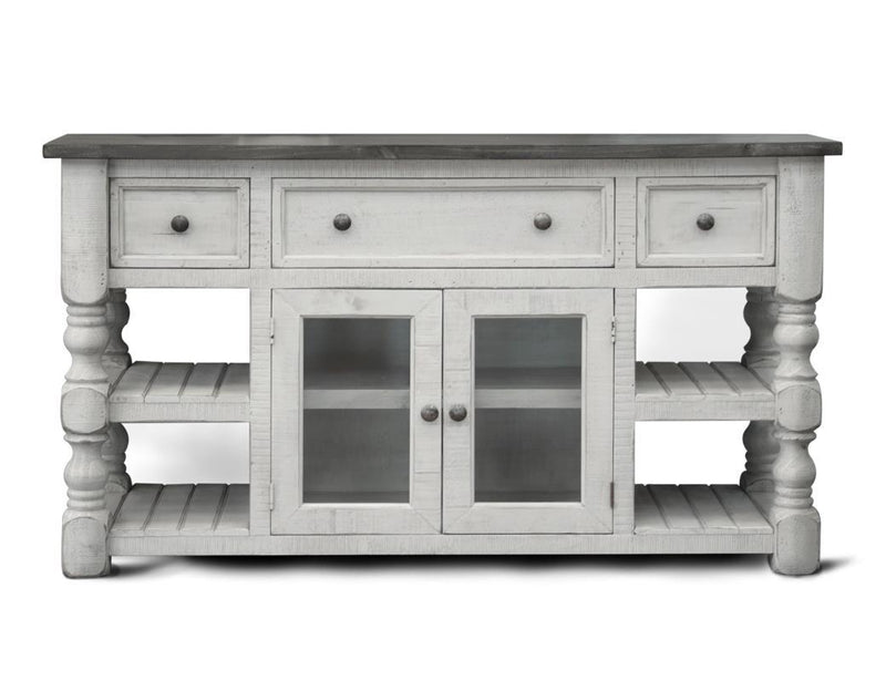 Stone 60-inch TV stand by International Furniture Direct with 3 drawers and 2 glass doors, showcasing a modern wood finish.