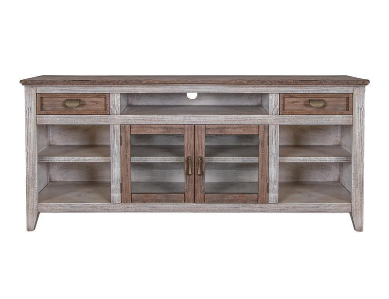 Sahara 70-inch TV stand by International Furniture Direct with two drawers and two doors in a modern wood finish.