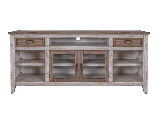 Sahara 70-inch TV stand by International Furniture Direct with two drawers and two doors in a modern wood finish.