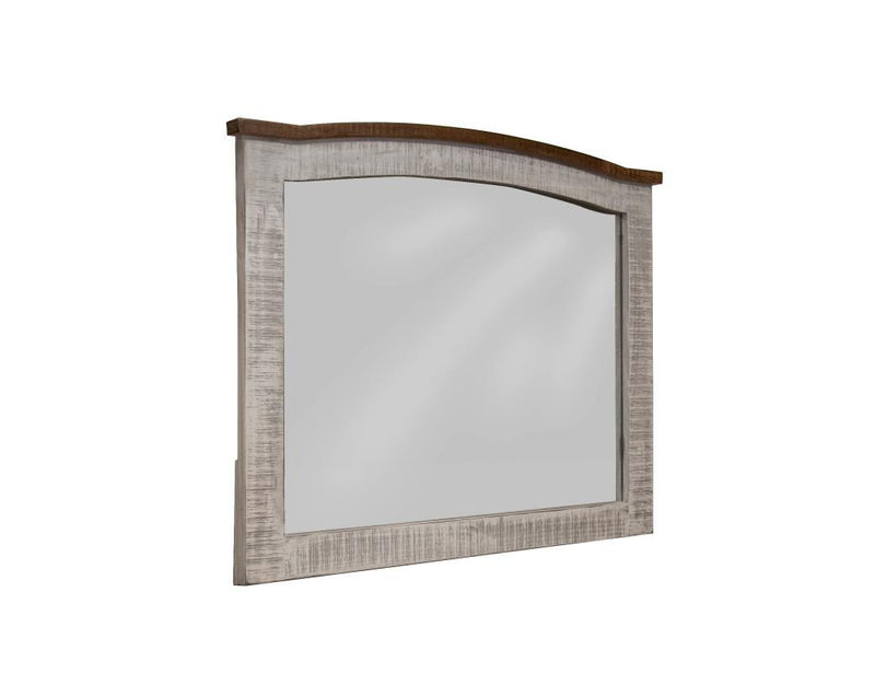 Gray Pueblo mirror by International Furniture Direct with a rustic frame, hanging on a wall with a modern decor setting.