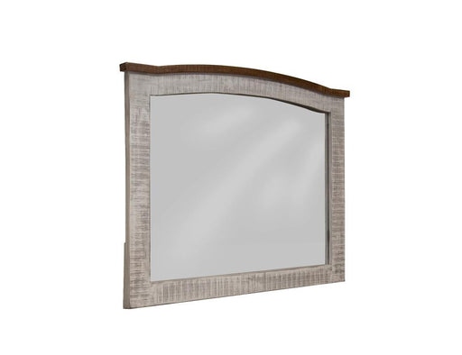 Gray Pueblo mirror by International Furniture Direct with a rustic frame, hanging on a wall with a modern decor setting.