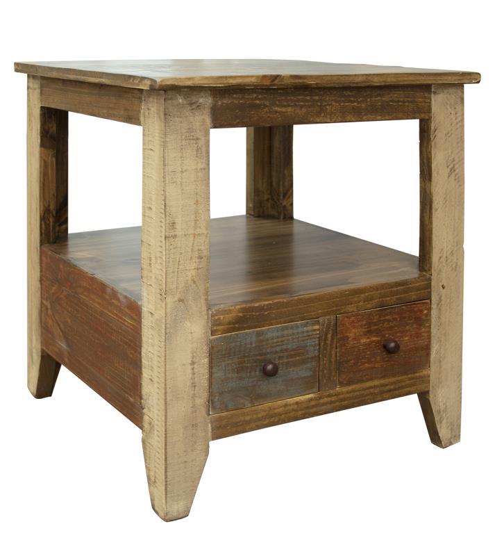 Antique multicolor end table with two drawers from International Furniture Direct, featuring a vintage wood finish and decorative hardware.