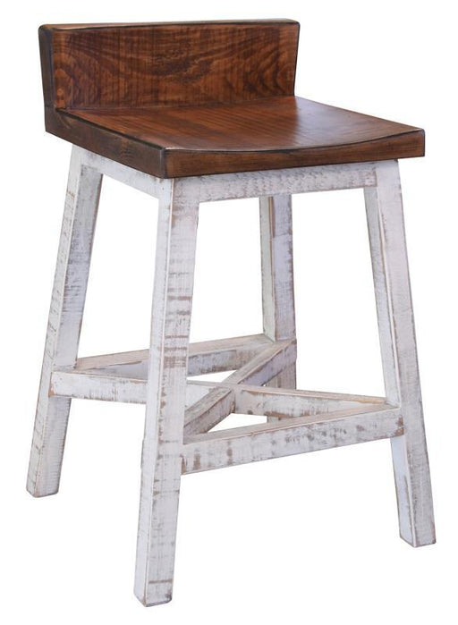 White 24-inch Pueblo barstool with wooden seat and base by International Furniture Direct, showcasing a clean, modern design