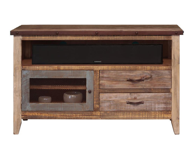 Antique multicolor 52-inch TV stand by International Furniture Direct with two drawers and an iron mesh door, showcasing rustic wood design.