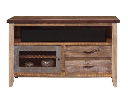 Antique multicolor 52-inch TV stand by International Furniture Direct with two drawers and an iron mesh door, showcasing rustic wood design.