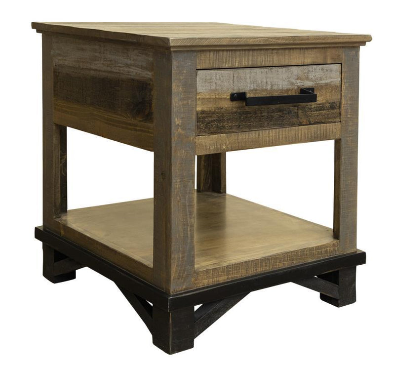 Loft brown end table with one drawer by International Furniture Direct, featuring a rustic wood finish and simple design.