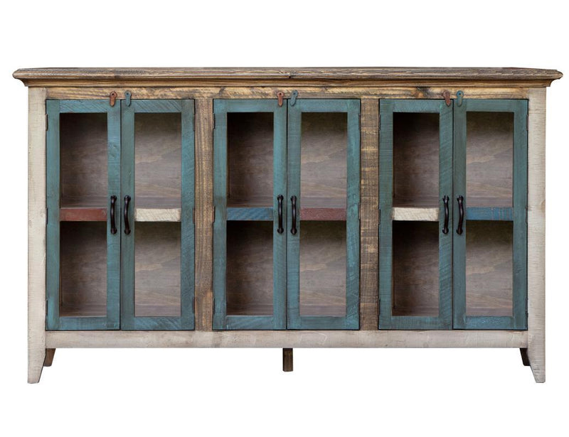 Antique multicolor 73-inch console with six glass doors by International Furniture Direct, showcasing a vintage wooden storage piece.