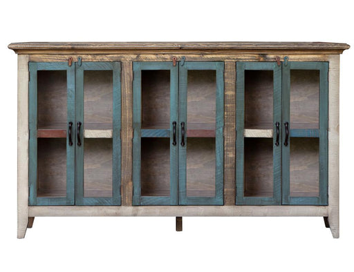 Antique multicolor 73-inch console with six glass doors by International Furniture Direct, showcasing a vintage wooden storage piece.