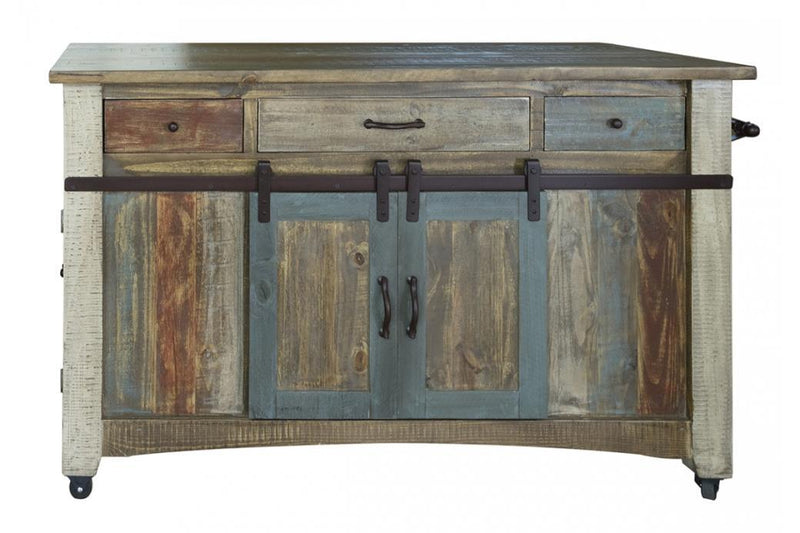 Antique multicolor kitchen island by International Furniture Direct with 3 drawers, sliding doors, mesh doors, and casters.