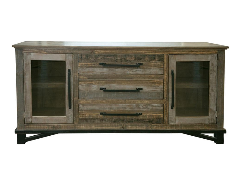 Loft Brown 3-Drawer, 2-Door Buffet by International Furniture Direct showing storage compartments and sleek wooden finish.
