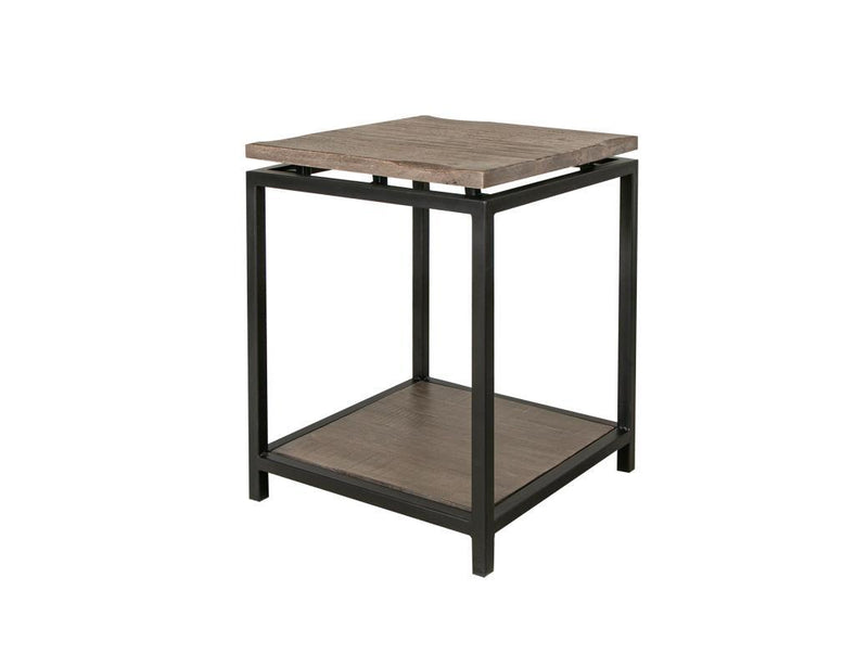 Blacksmith end table with shelf by International Furniture Direct, featuring a rustic wood finish and sturdy tabletop.