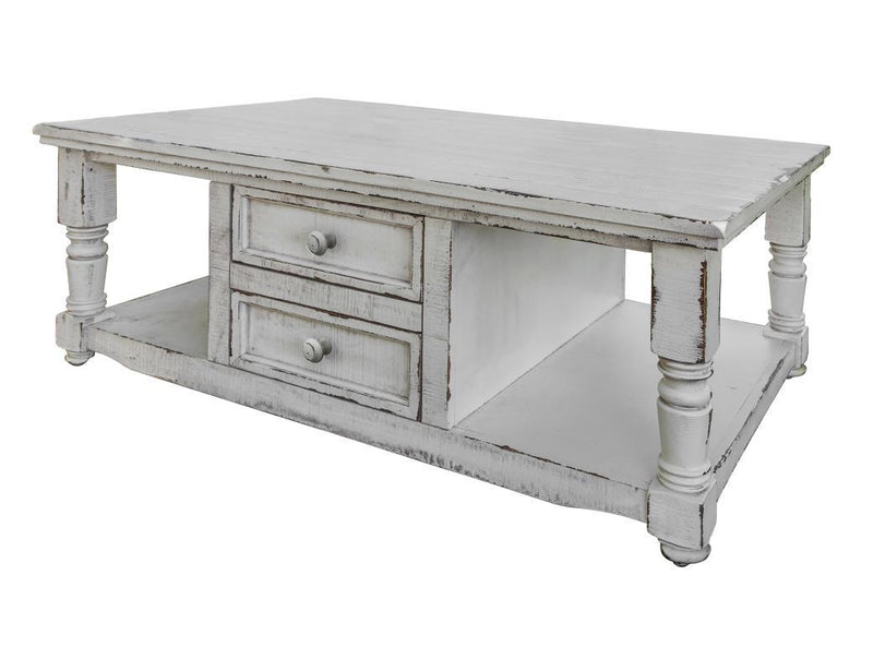 International Furniture Direct Aruba 4 Drawer cocktail table with white finish, showcasing a stylish and functional living room accent piece.