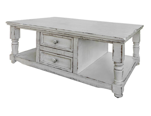 International Furniture Direct Aruba 4 Drawer cocktail table with white finish, showcasing a stylish and functional living room accent piece.