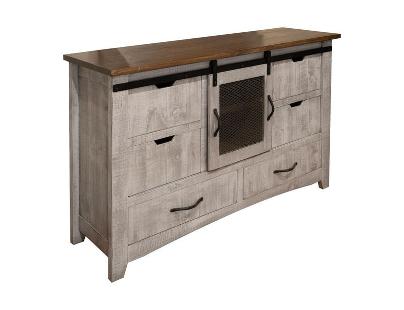 International Furniture Direct Pueblo Gray 6-drawer and 1-door dresser with a modern, rustic design and ample storage space.