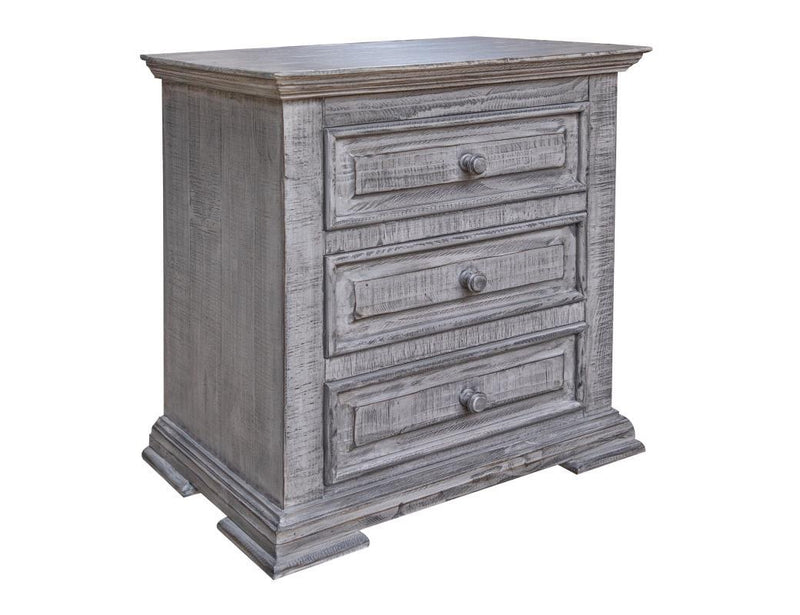 Terra gray 3-drawer nightstand by International Furniture Direct with sleek wooden design and metal drawer handles.