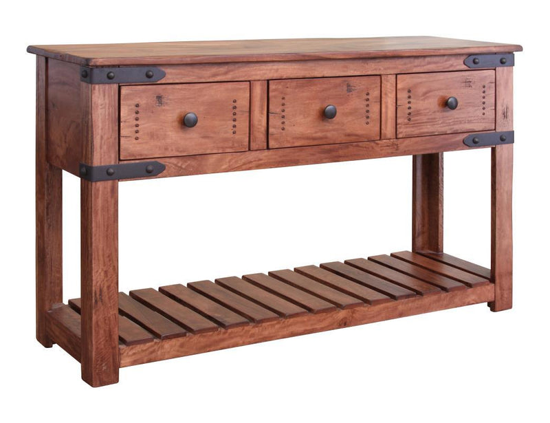 International Furniture Direct Parota II sofa table with three drawers, showcasing a stylish wooden design and functional storage.