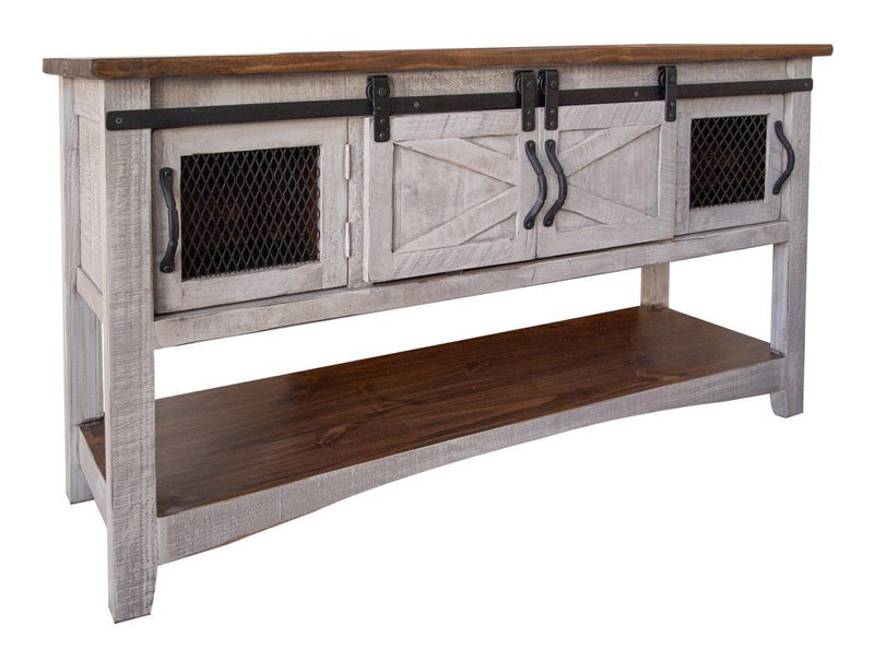 Gray Pueblo sofa table with four doors by International Furniture Direct, showcasing a stylish wooden design and storage space