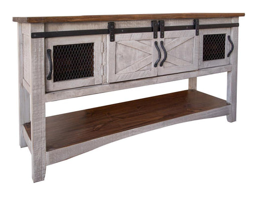 Gray Pueblo sofa table with four doors by International Furniture Direct, showcasing a stylish wooden design and storage space