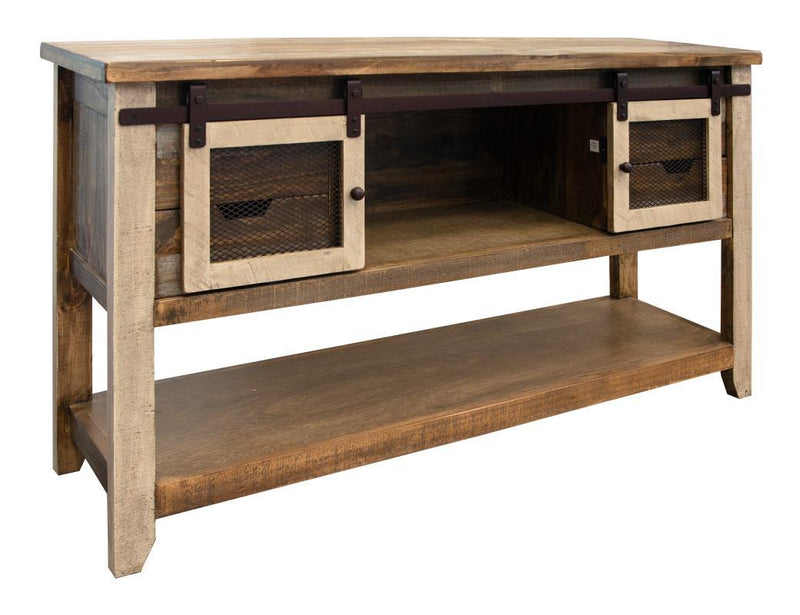 Antique multicolor sofa table with four drawers and two doors, crafted by International Furniture Direct, showcasing a vintage style.