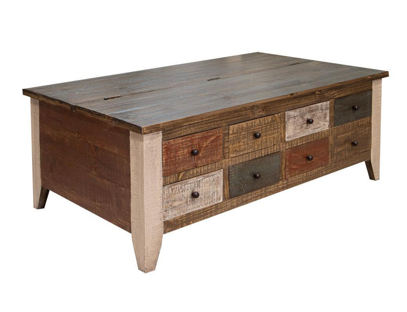 Antique multicolor cocktail table with 8 drawers on one side and a lift-top on the other, by International Furniture Direct.
