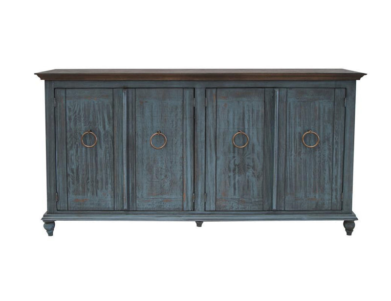 Dark blue Capri console with four doors by International Furniture Direct, showcasing its sleek modern design and storage capacity.