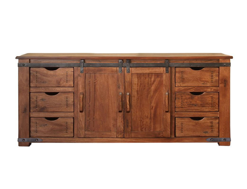 Parota 70-inch TV stand by International Furniture Direct with six drawers, two doors, and two open shelves for media storage.
