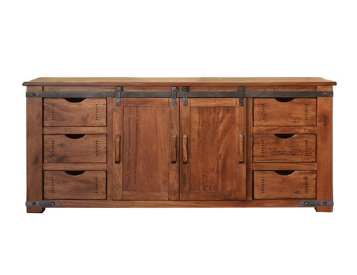 Parota 70-inch TV stand by International Furniture Direct with six drawers, two doors, and two open shelves for media storage.