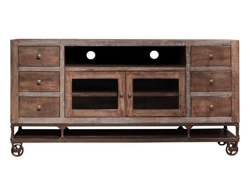 Urban Gold 76-inch TV stand by International Furniture Direct with two glass doors and six drawers, crafted in warm wood finish.