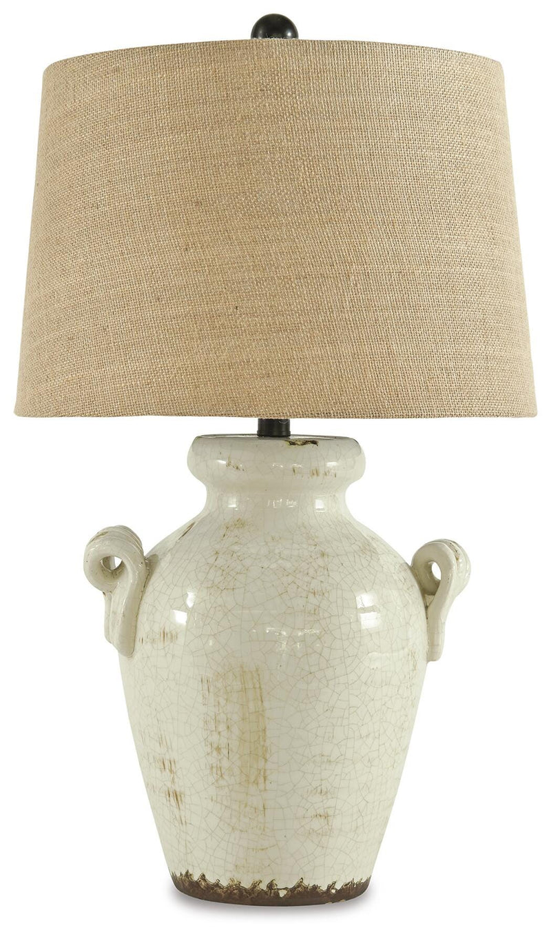 Ashley Furniture Emelda Table Lamp with a sleek ceramic base and fabric shade, perfect for modern living room decor.