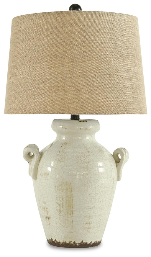 Ashley Furniture Emelda Table Lamp with a sleek ceramic base and fabric shade, perfect for modern living room decor.