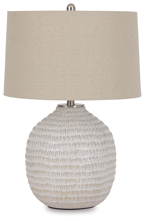 Ashley Furniture Jamon table lamp with a sleek design, featuring a stylish base and a fabric lampshade for modern home decor.