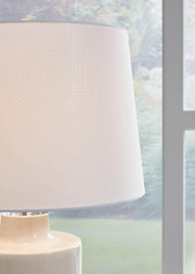 Close-up of Ashley Furniture Cylener Lamp Set table lamp with detailed fabric shade and elegant base design.