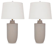Ashley Furniture Cylener Lamp Set with two modern table lamps featuring sleek bases and neutral lampshades.